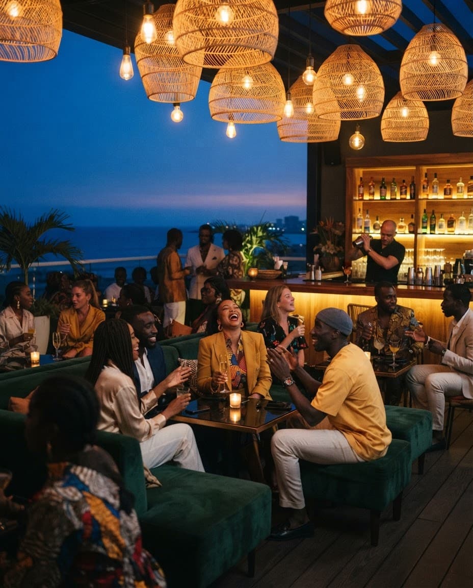 La terrasse du lounge en début de soirée, banquettes vertes et lumière ambrée